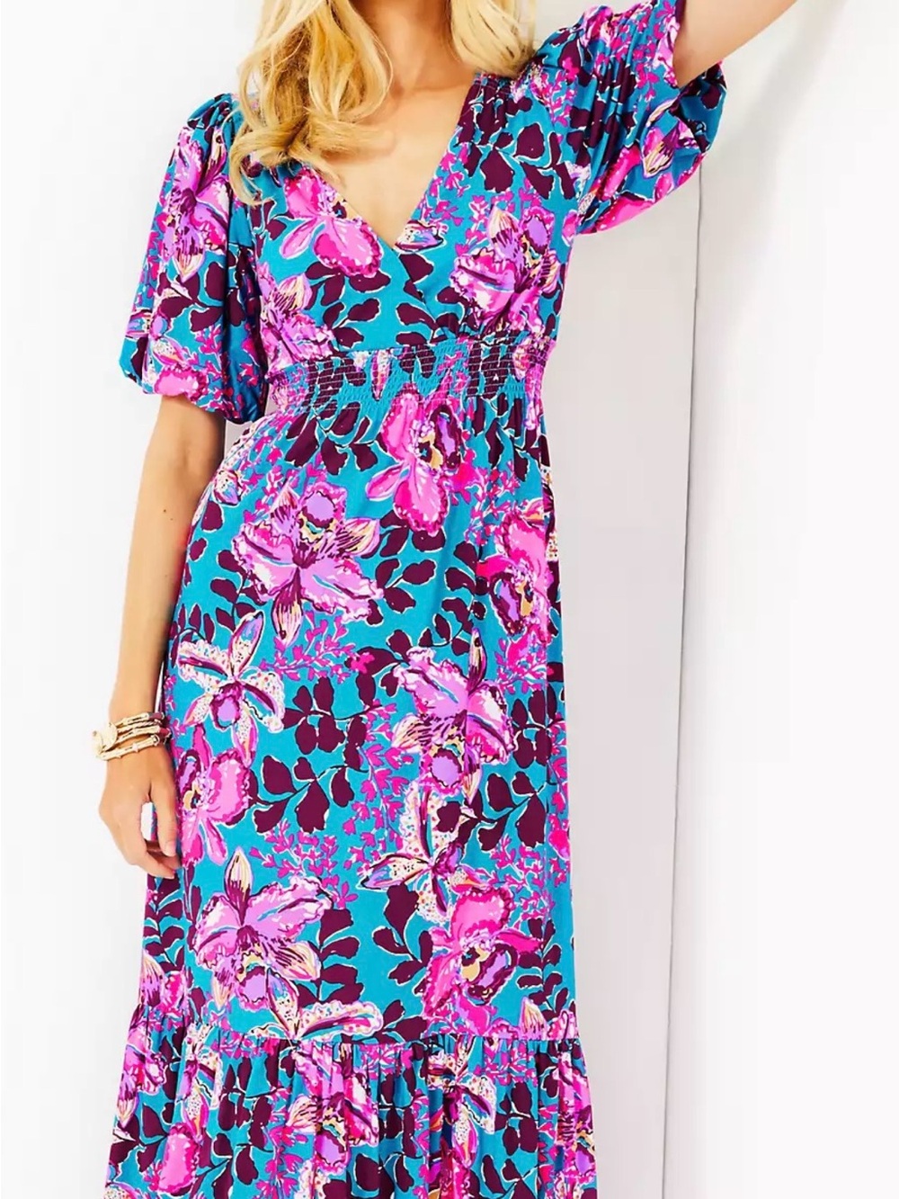 NWOT Lilly Pulitzer Teal and Magenta Floral Tiered Midi Dress XL New never worn